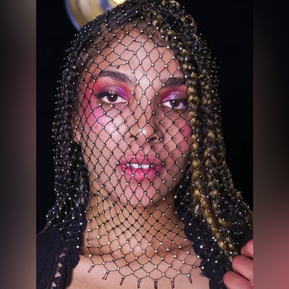 New Unique Black Mesh Face Mask / Headpiece Crystal Body Jewelry - Picture 14 of 16